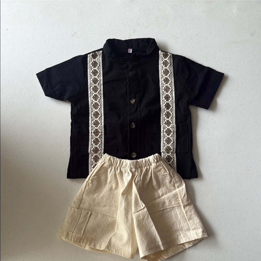 Black Shirt with Lace and Cream Shorts Set
